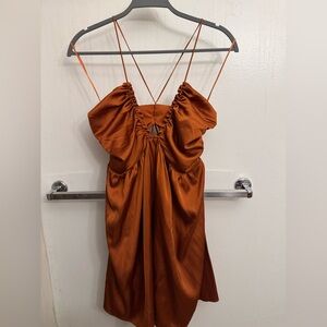 Rust Orange Satin Mini/Midi Dress with plunge neckline